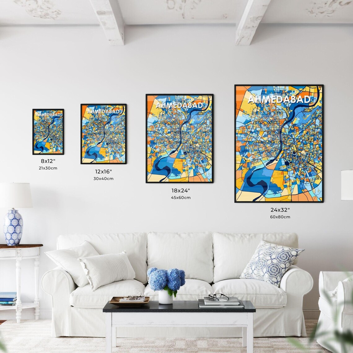 Ahmedabad India Stylish Vibrant Blue and Orange Mosaic City Map Poster - Image 3