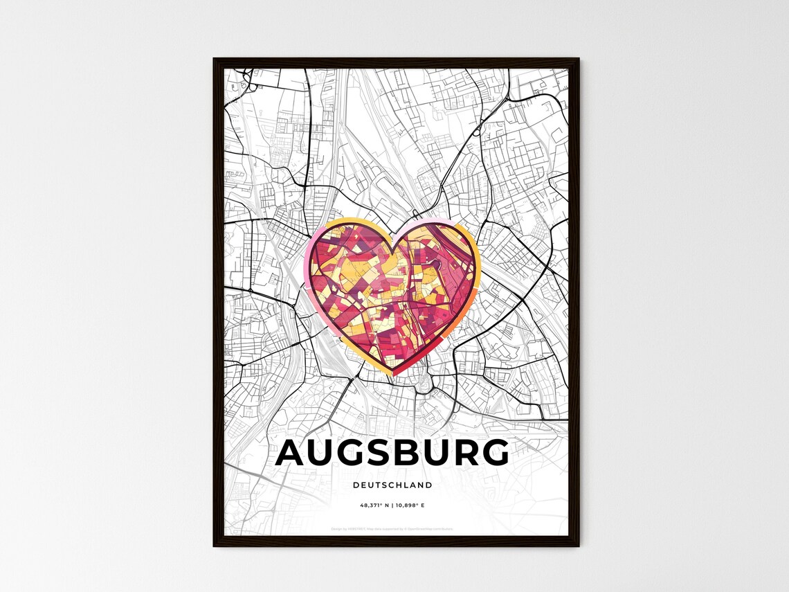 Augsburg Germany City Map Poster With Colorful Heart Art Design