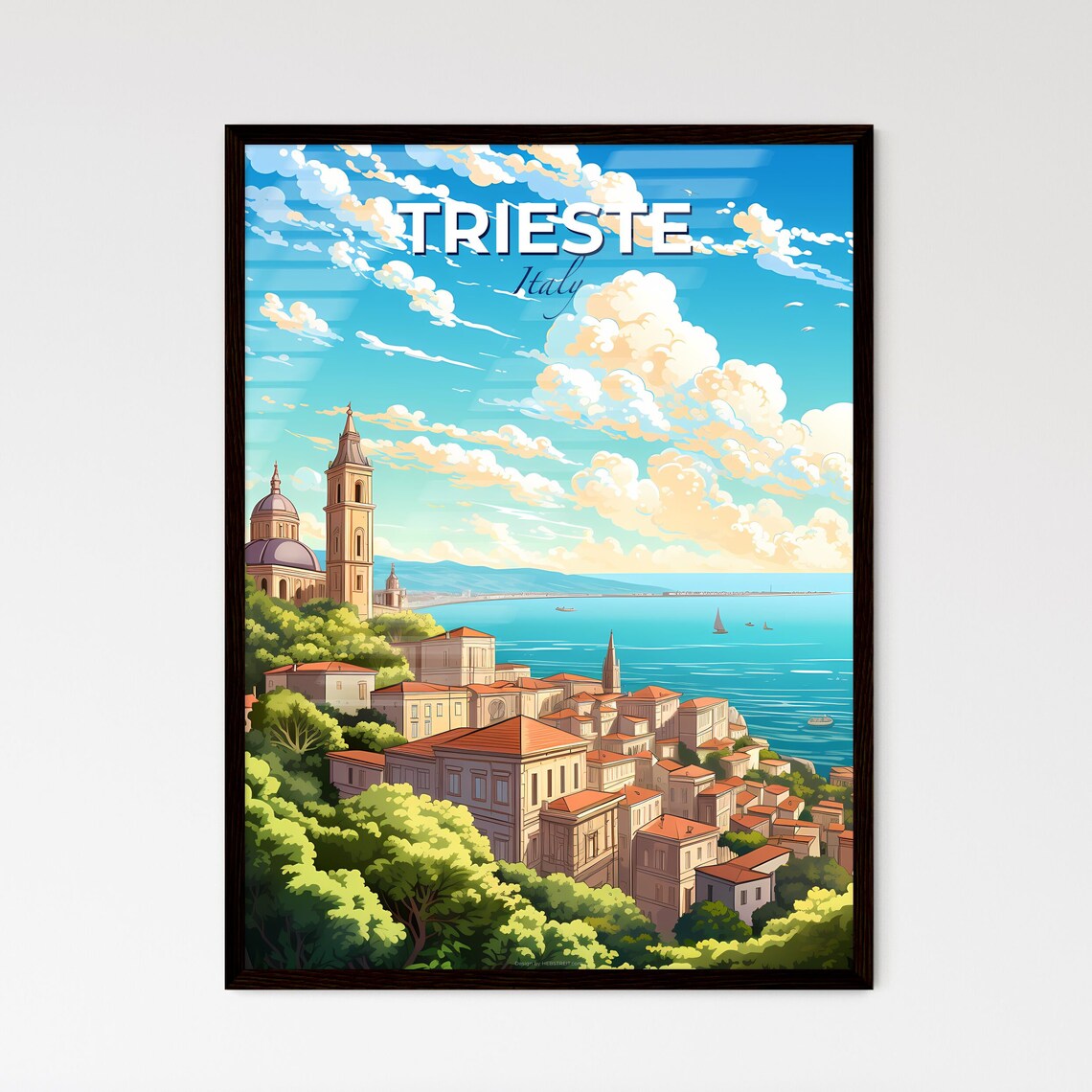 Trieste Italy Coastal Town Hilltop Church Adriatic Sea View Travel Poster