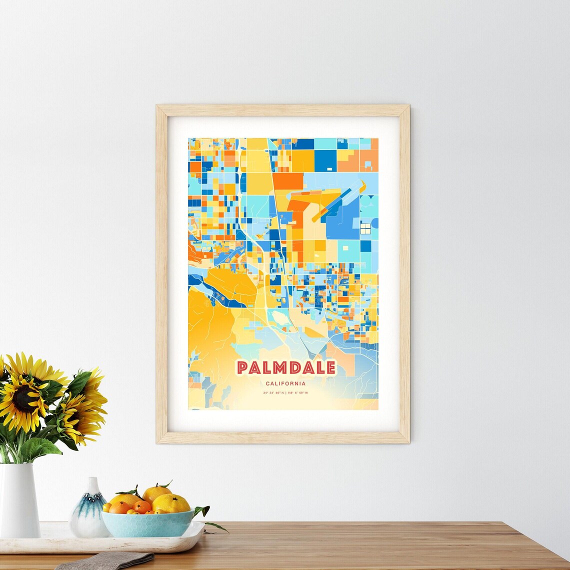 Palmdale California Vibrant Modern Blue Orange City Map Art Poster - Image 2