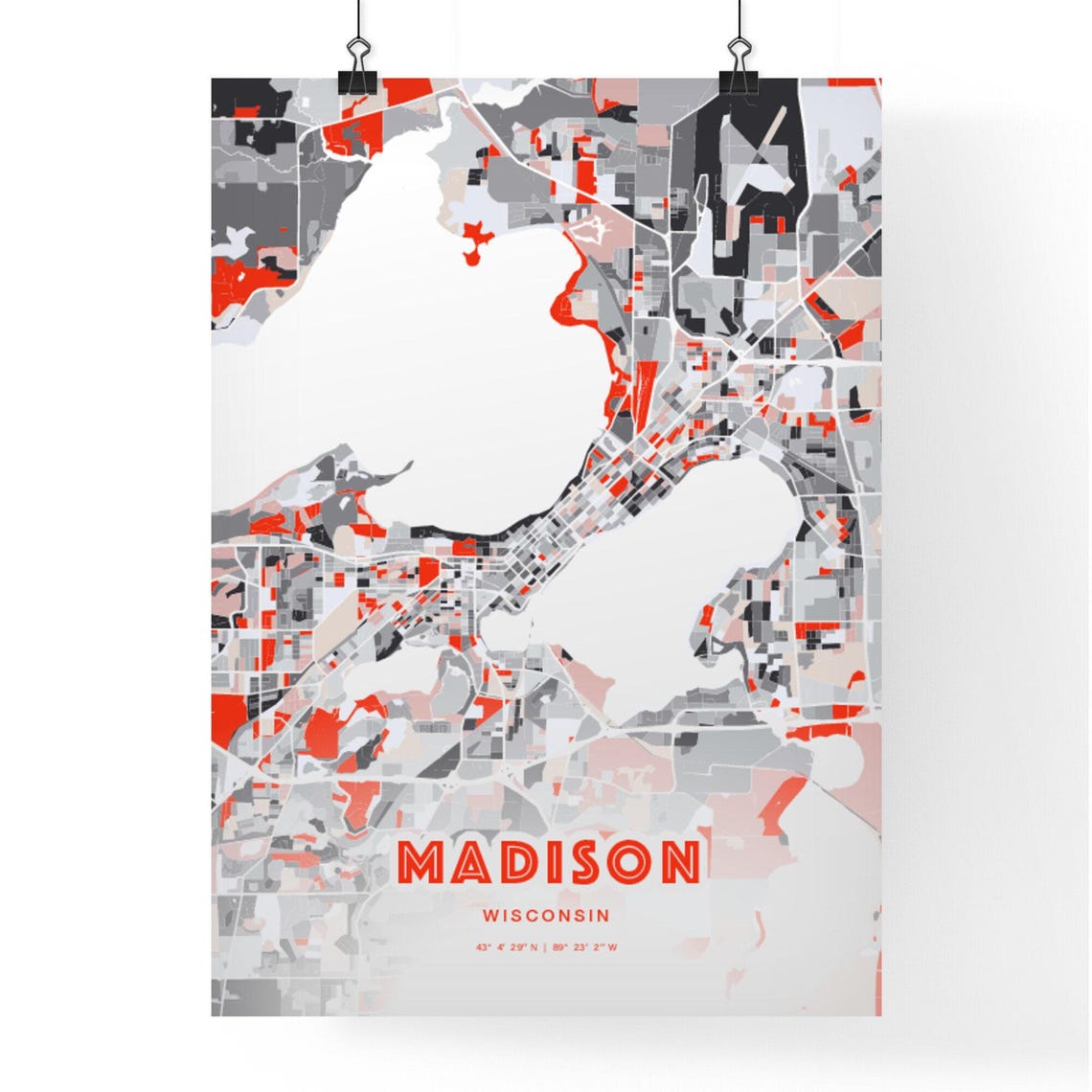 Madison Wisconsin Bold Red and Gray Modern Abstract City Map Poster - Image 3