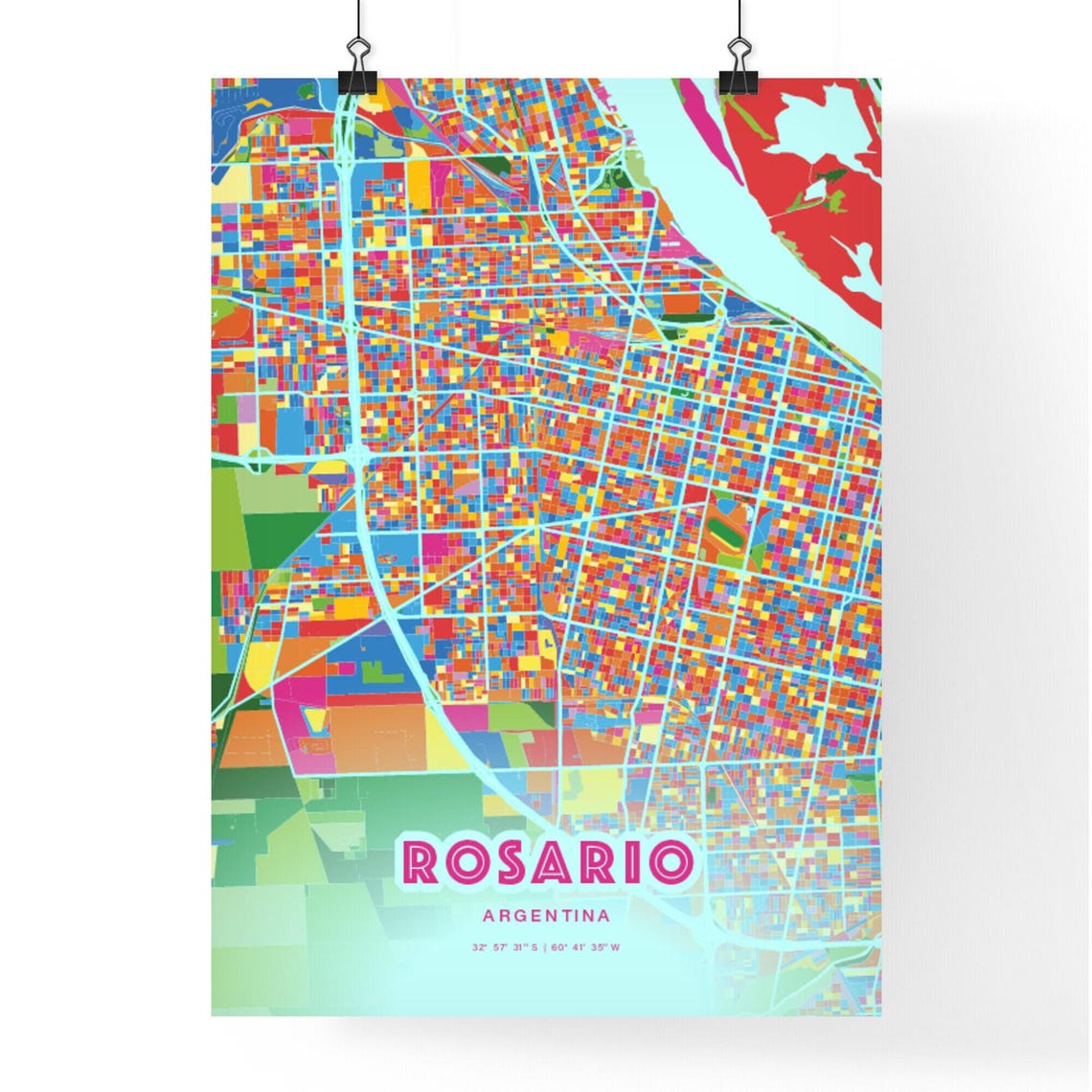 Rosario Argentina Bold Crazy Colorful Mosaic City Map Poster - Image 3