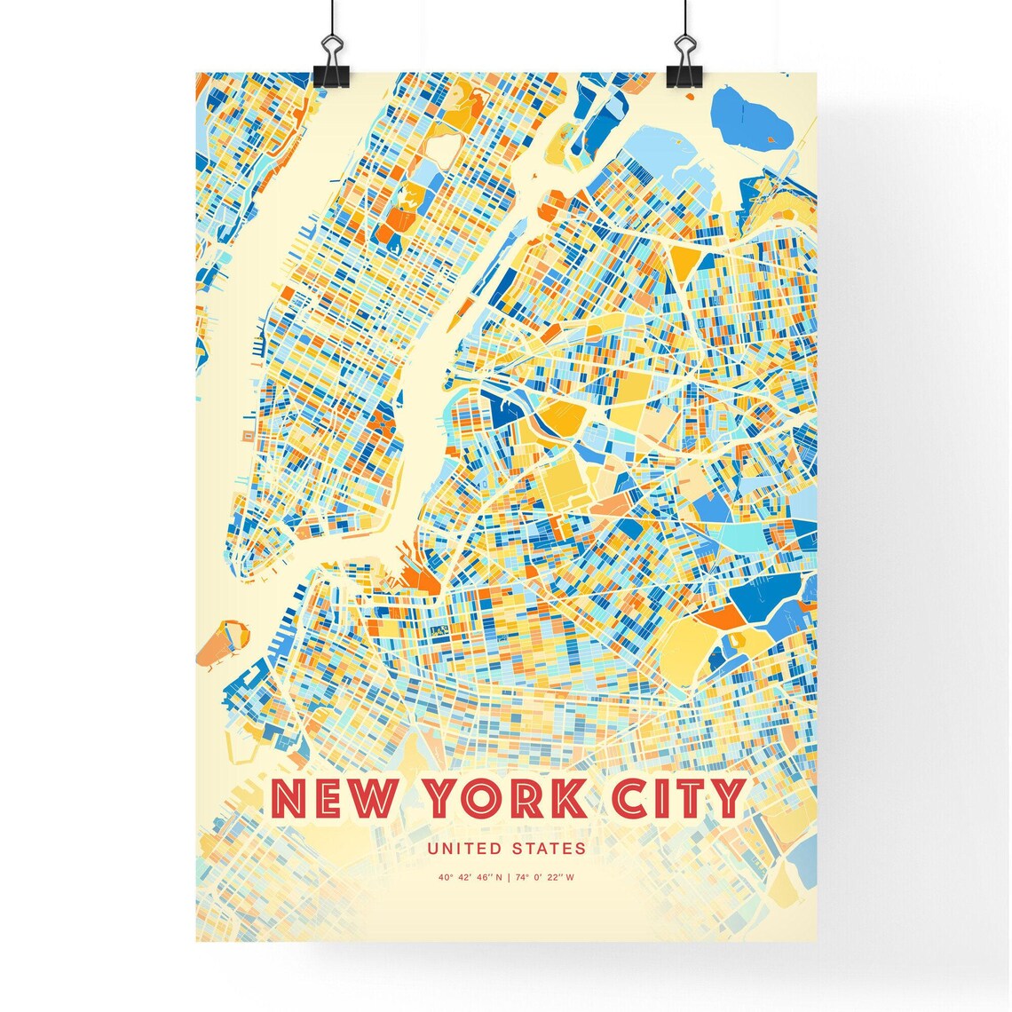 New York City Blue Orange Manhattan Street Grid Map Art Poster - Image 3