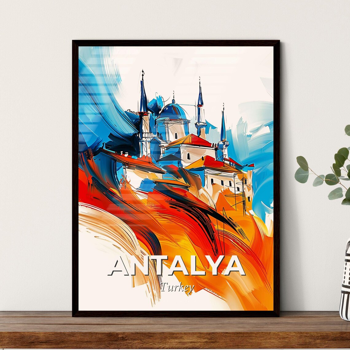 Antalya Turkey Vibrant Watercolor Old Town City Travel Poster