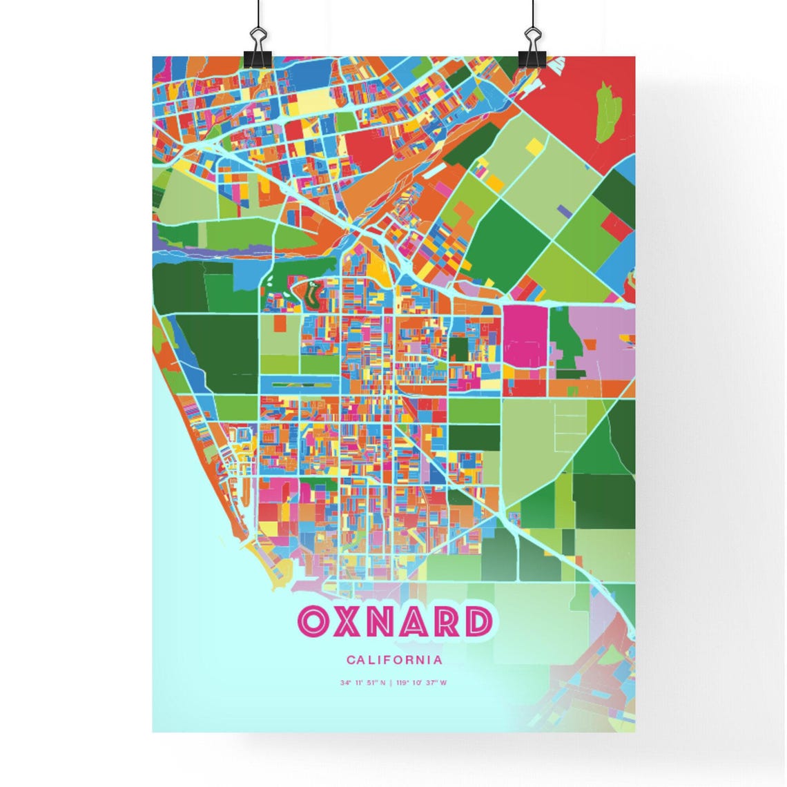 Oxnard California Bold Crazy Colorful Mosaic City Map Poster - Image 3