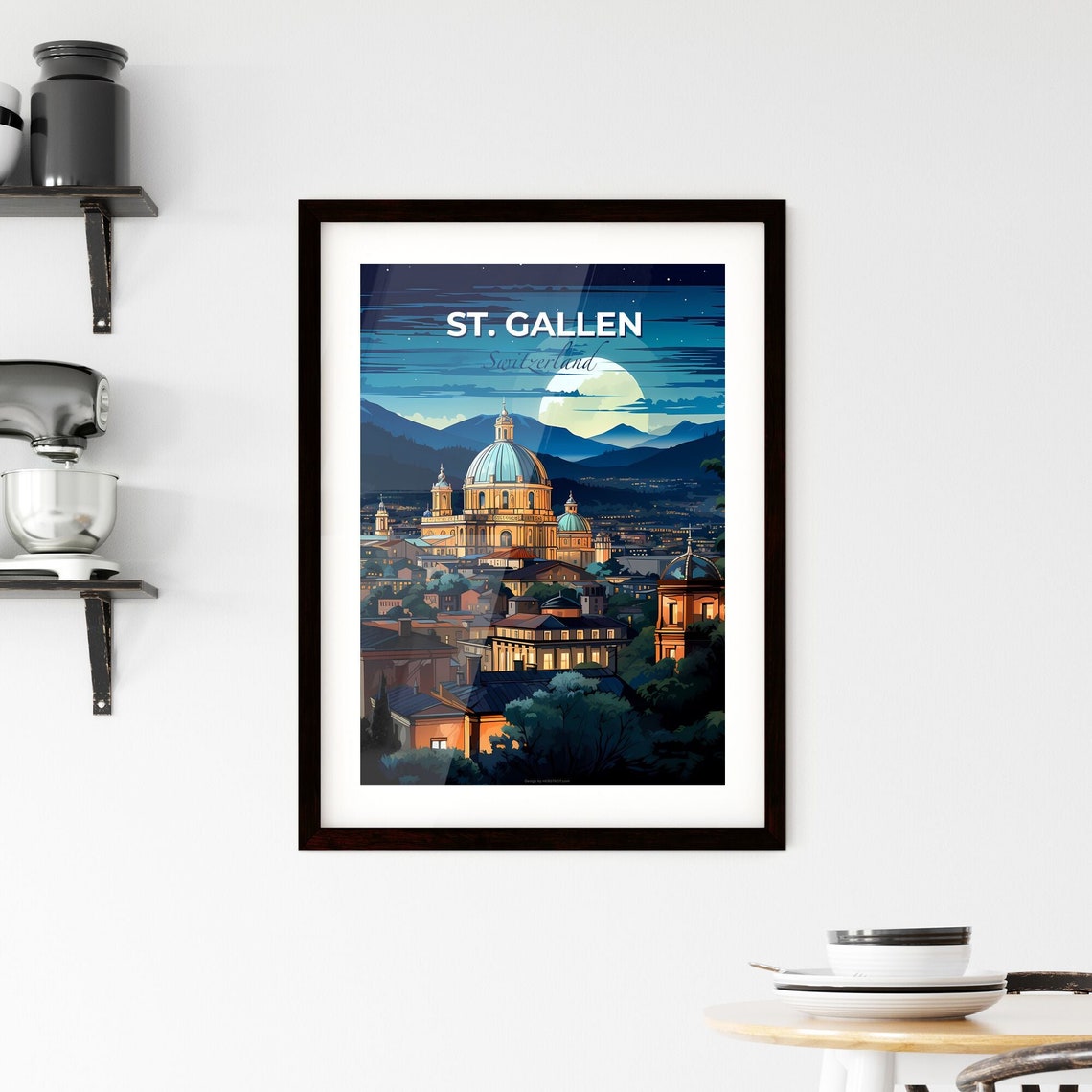 St. Gallen Switzerland Moonlit Cathedral Night Travel Poster Art - Image 2