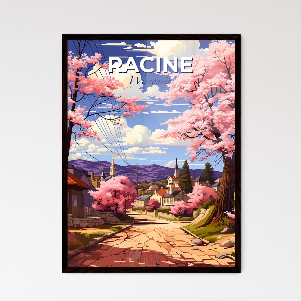 Vivid Racine Wisconsin Cherry Blossom Street Spring Scene Poster