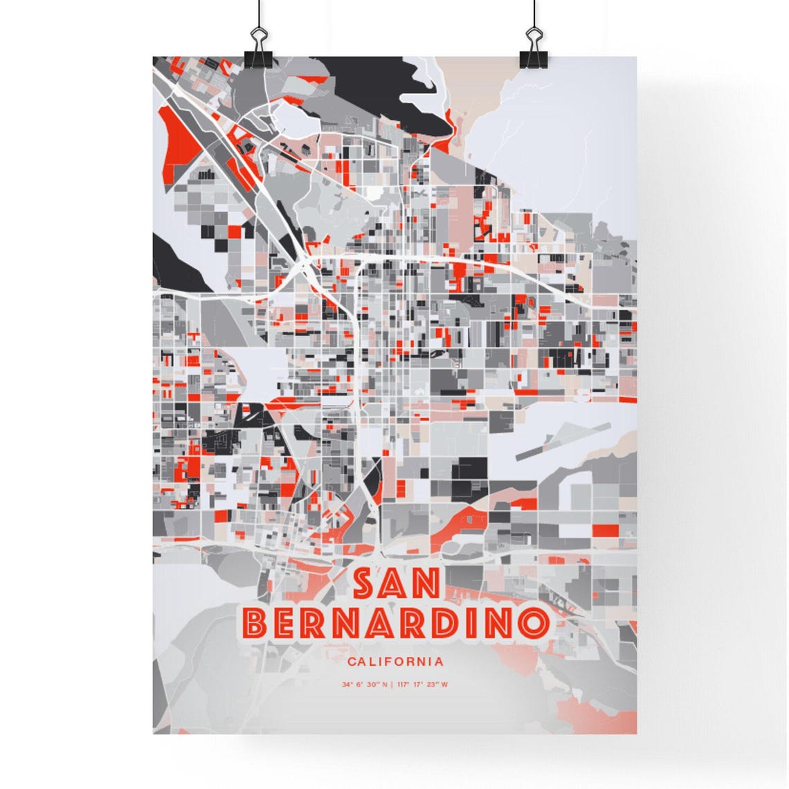 San Bernardino California Expressive Red Abstract City Map Art Poster - Image 3