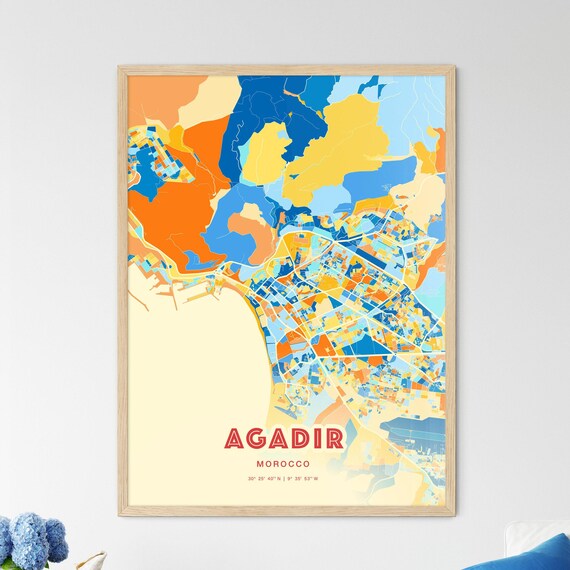 Agadir Morocco Blue Orange Colorful City Map Art Poster With Coordinates