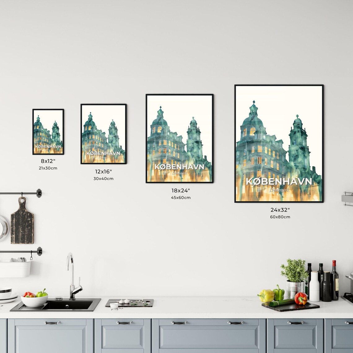 Kobenhavn Denmark Green Watercolor Old Town Architecture Art Poster - Image 3