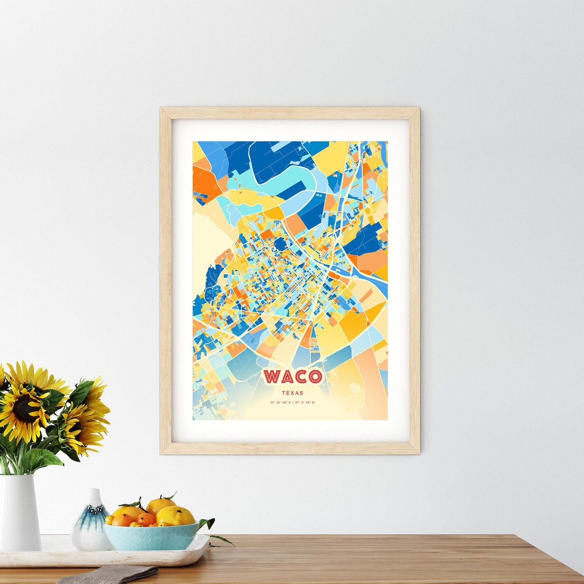 Waco Texas Blue Orange Colorful City Street Map Art Poster Gift - Image 2