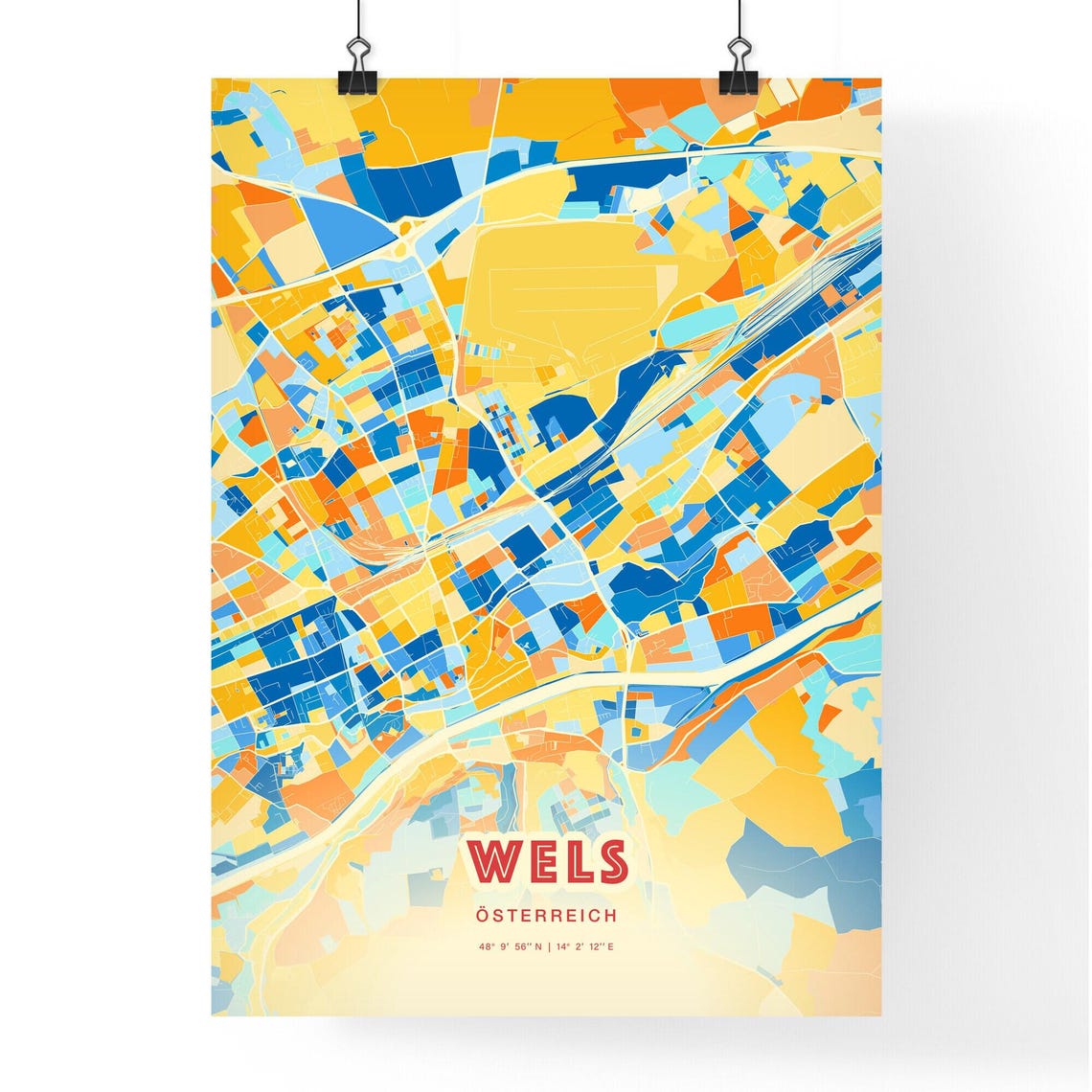 Wels Österreich Colorful Blue Orange Map Art Poster Wall Decor - Image 3