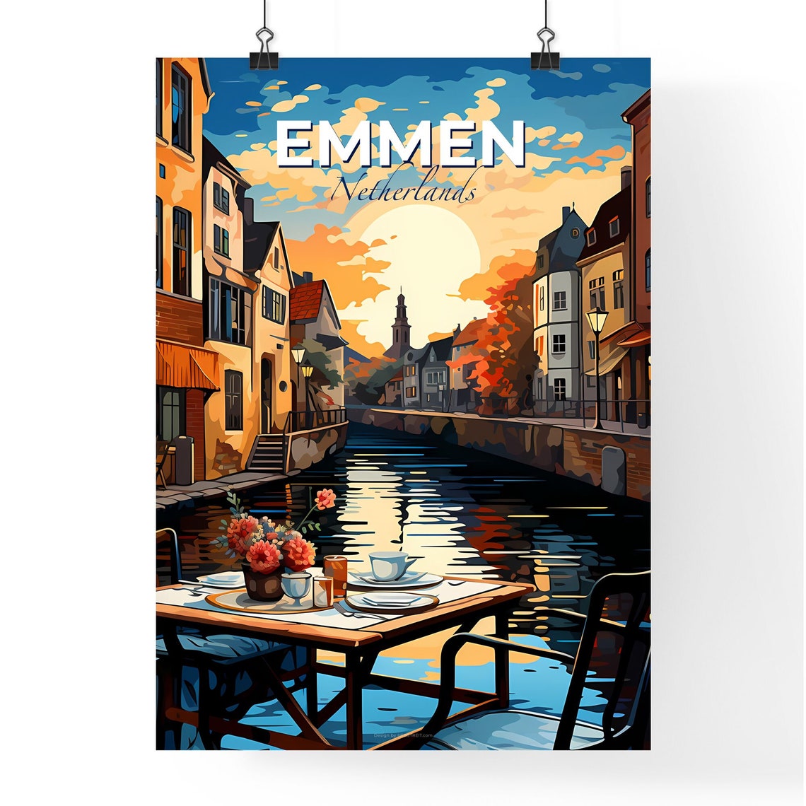 Emmen Netherlands Canal Cafe Sunset Historic Town Art Poster - Image 4