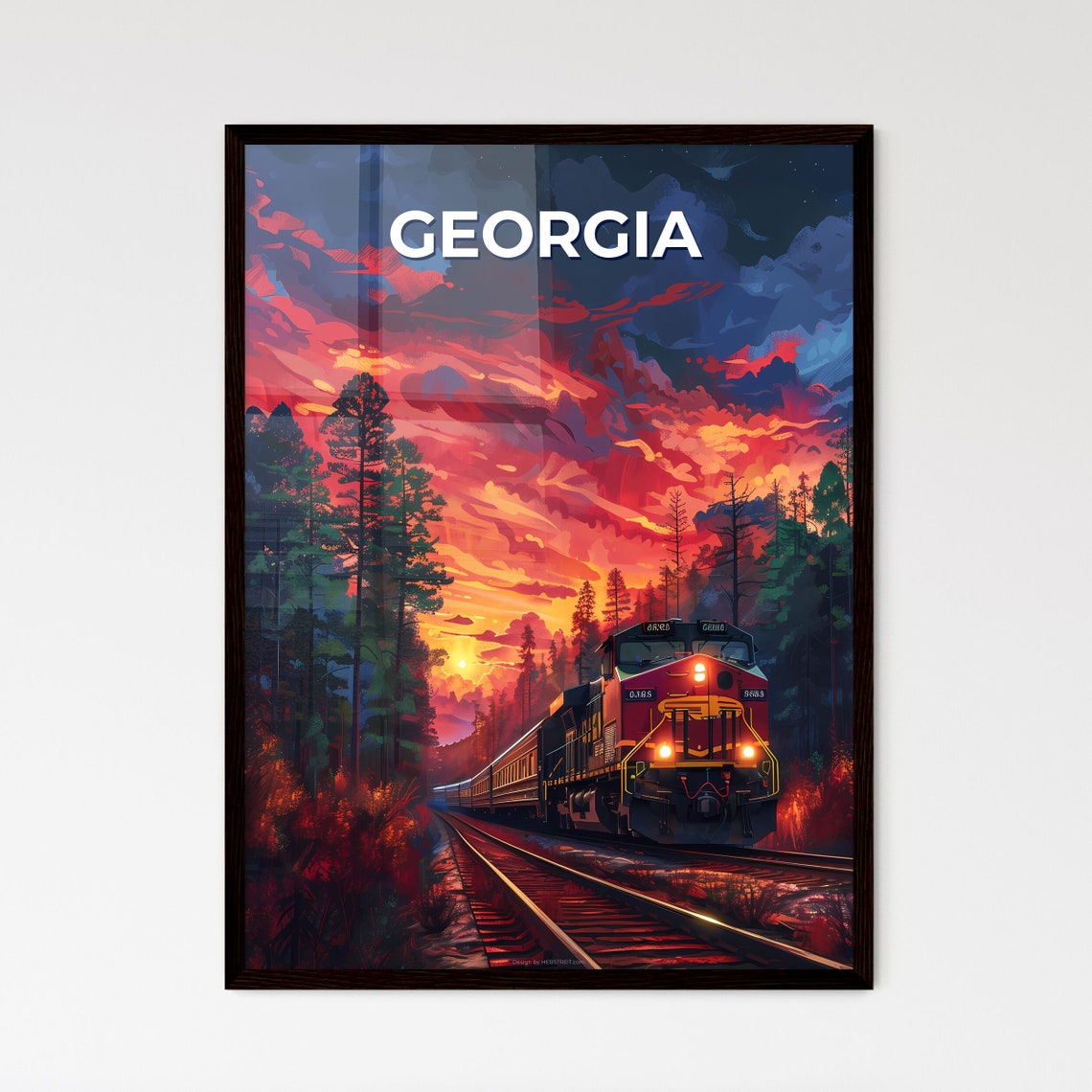Georgia Red Freight Train Forest Sunset Dramatic Sky Travel Poster