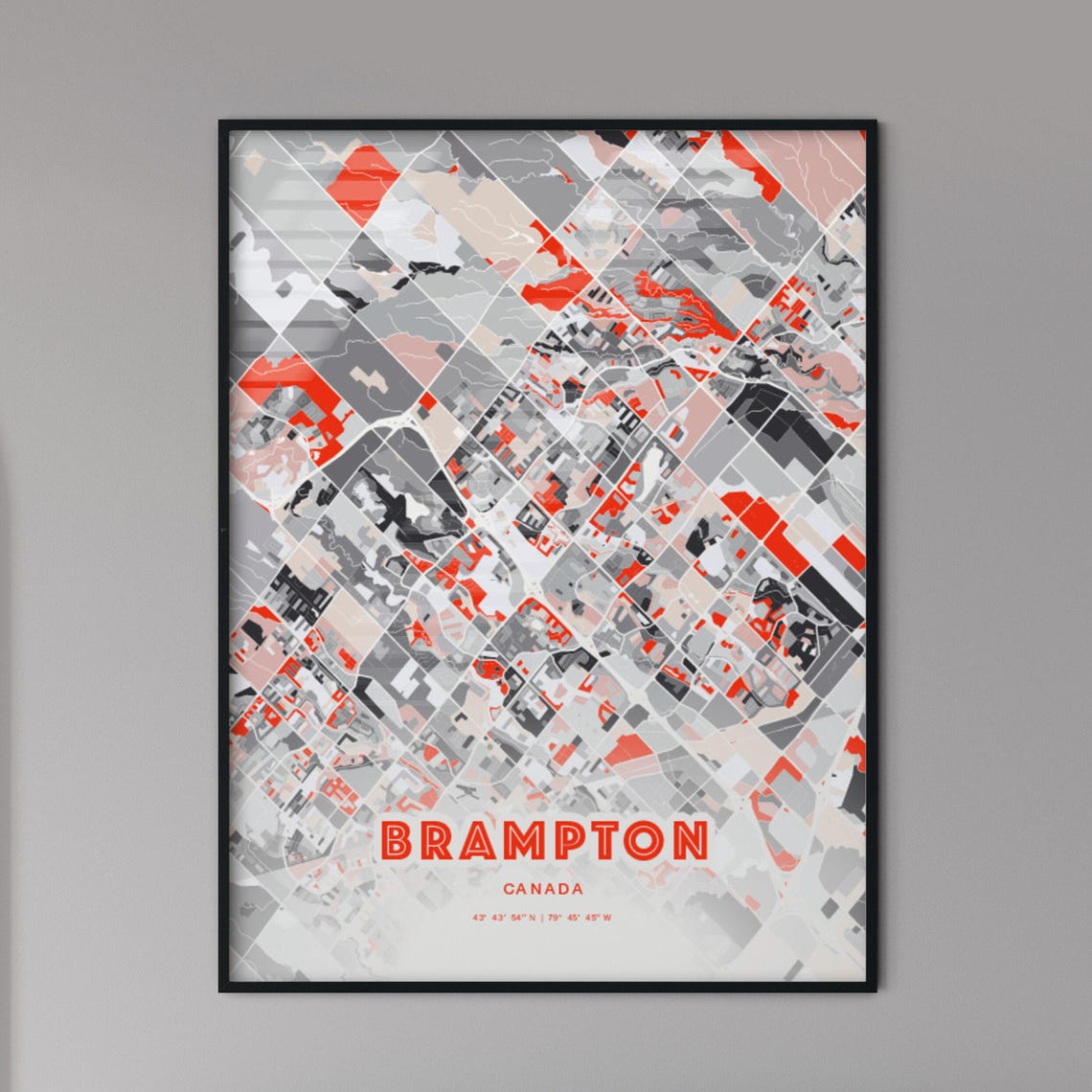 Brampton Canada Modern Red Abstract City Street Map Art Poster