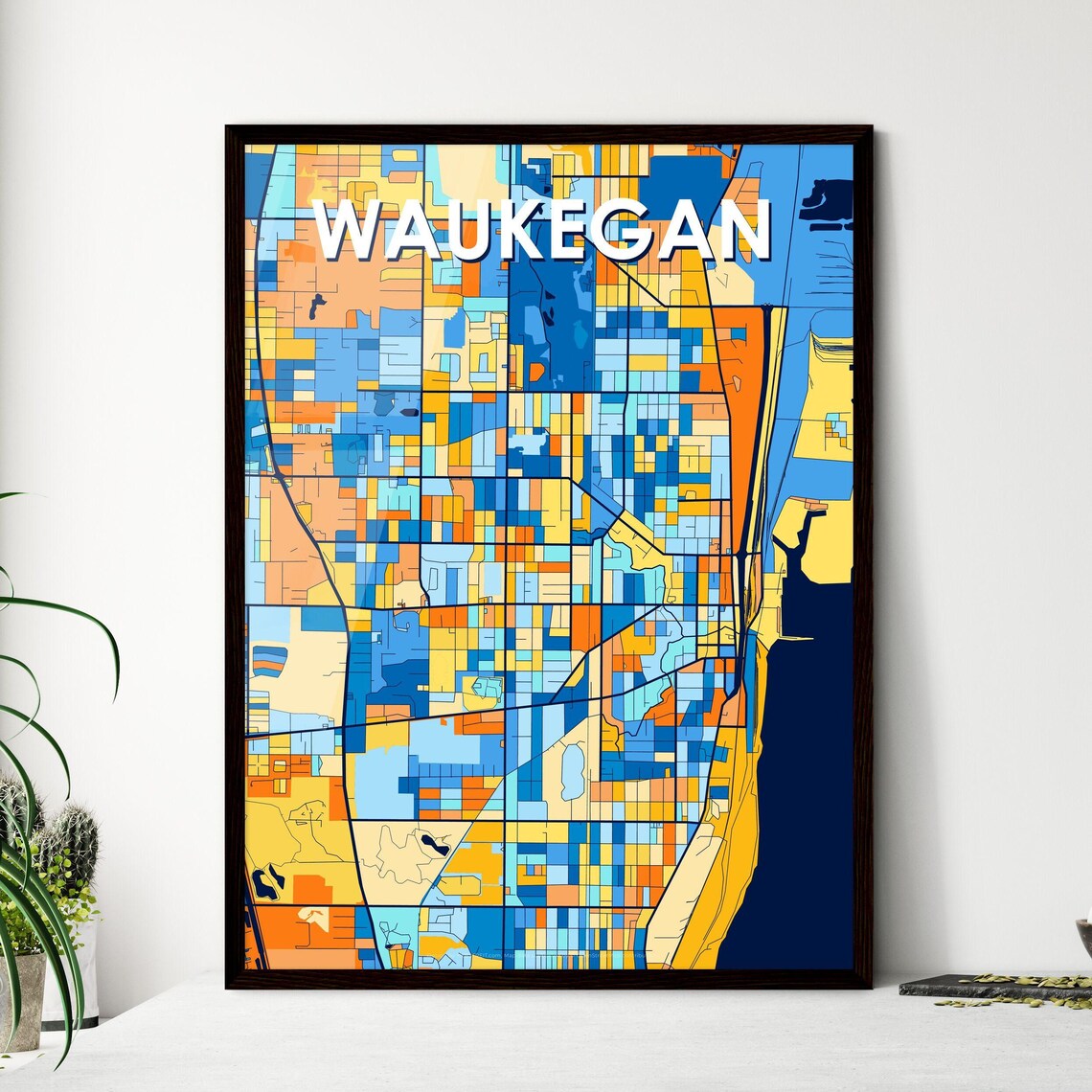 Waukegan Illinois Lakefront City Map Colorful Art Print Decor