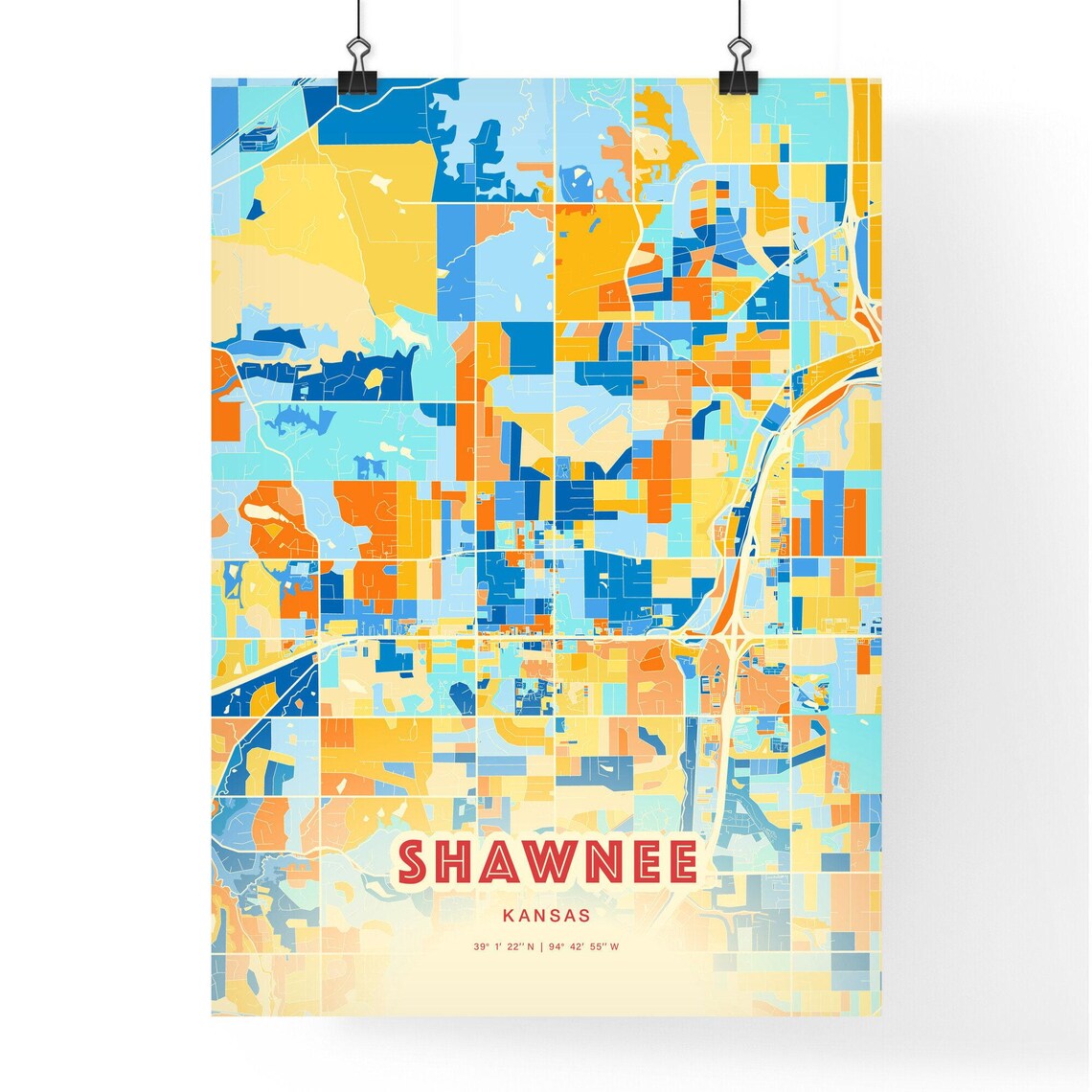 Shawnee Kansas Blue Orange Street Map Art Home Decor Gift Poster