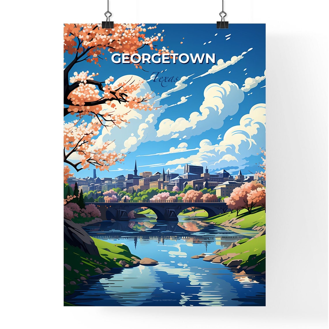 Georgetown Texas River Bridge Travel Poster Blossom Trees City Art - Image 4