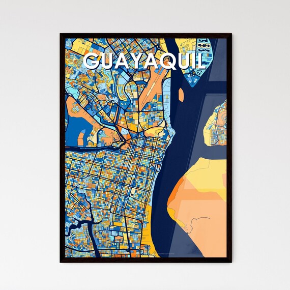 Guayaquil Ecuador Vibrant Geometric City Map Art Poster in Blue and Orange