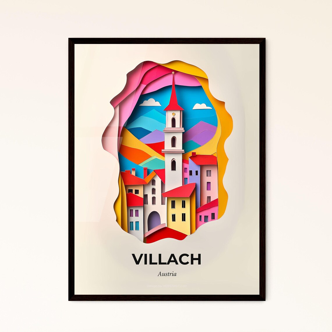 Villach Austria Alpine Village Church Tower Paper Cut Poster