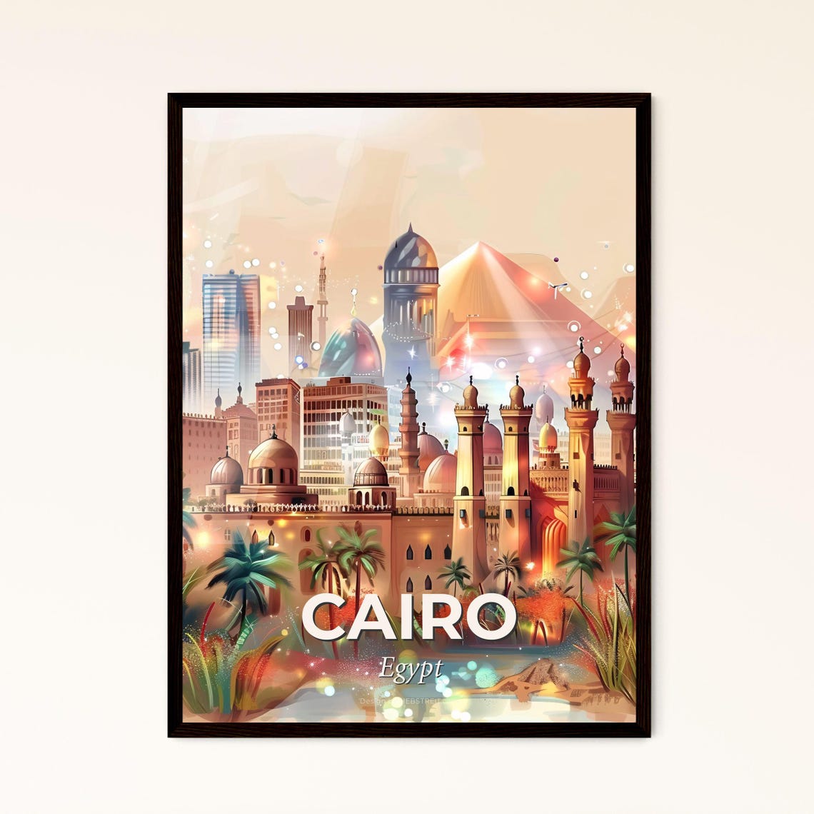 Cairo Egypt Pyramid and Mosque Illustrated Sunset Skyline Poster