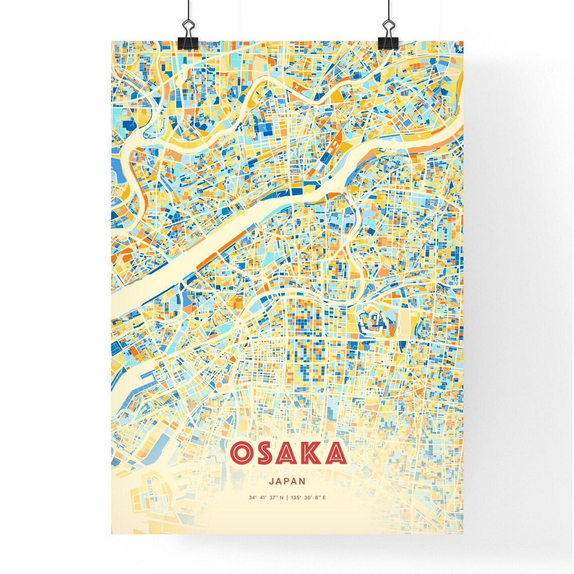 Osaka Japan Vibrant Colorful Blue Orange City Map Art Poster Decor - Image 3