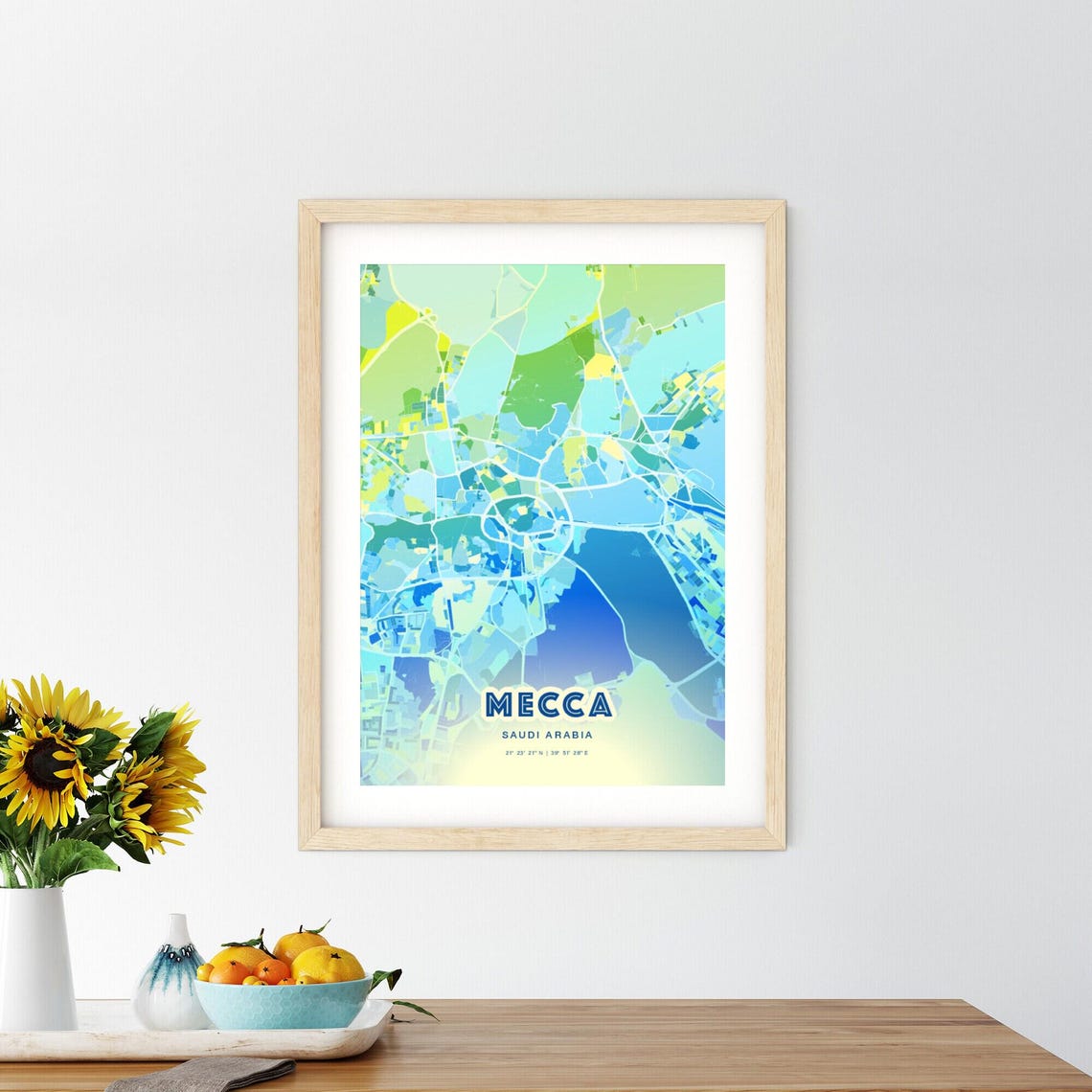 Mecca Saudi Arabia Bluish Watercolor City Map Art Poster Wall Decor - Image 2