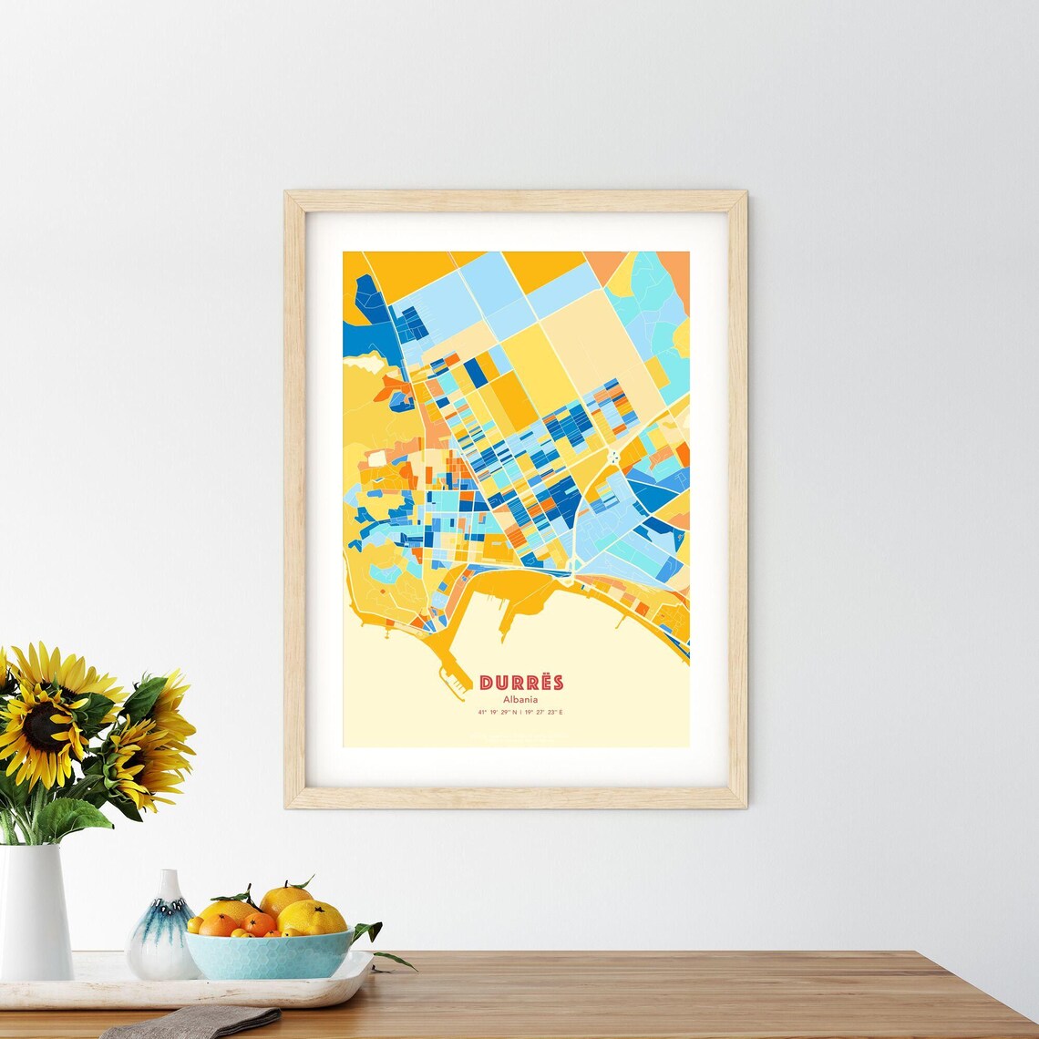 Durres Albania Colorful Coastal City Map Poster Blue Orange Wall Decor - Image 2