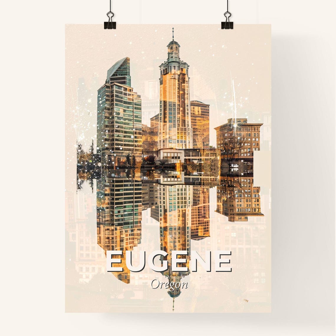 Eugene Oregon Mirrored Skyline Golden Double Exposure Poster - Image 4
