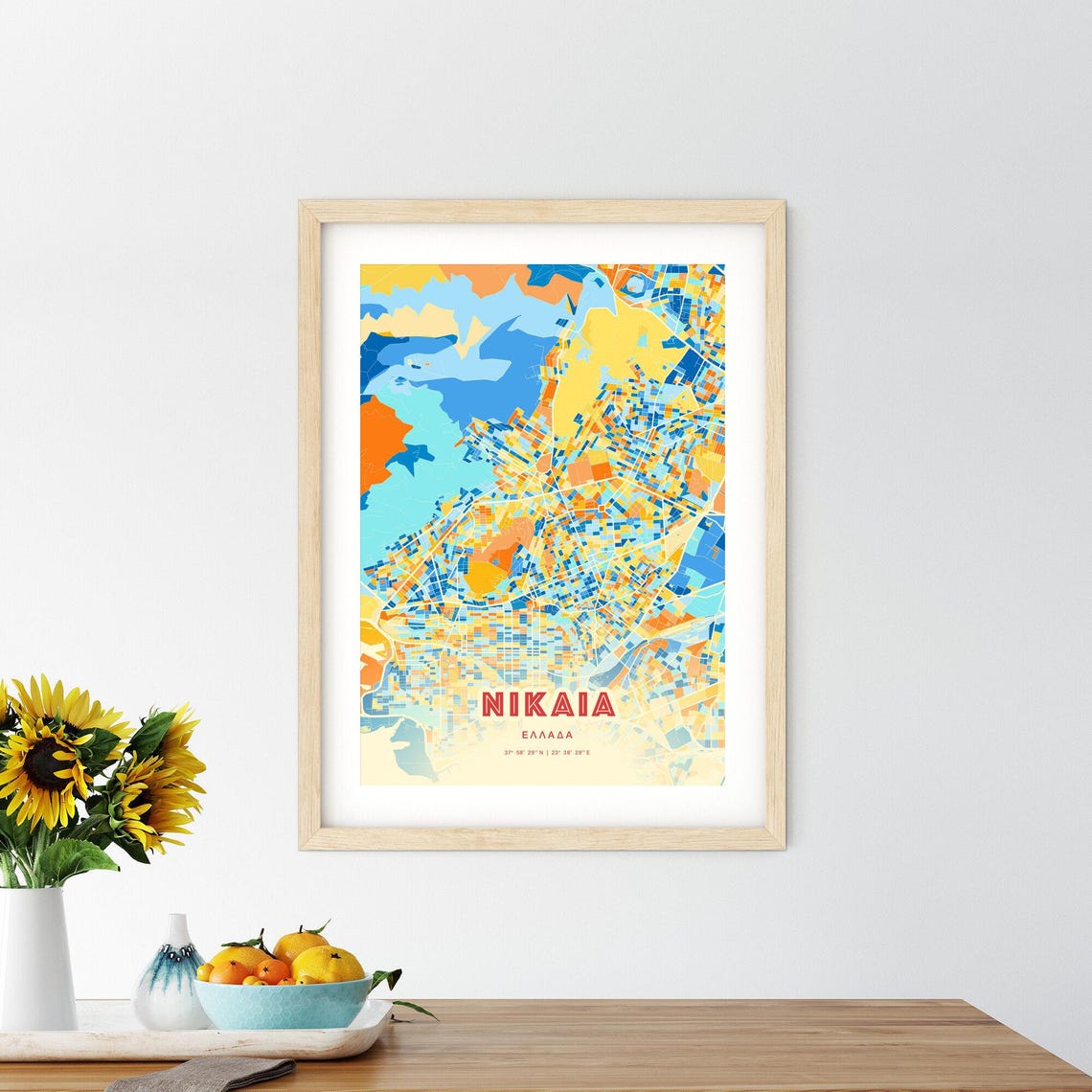 Nikaia Greece Colorful Athens Area Map Coordinates Art Poster - Image 2