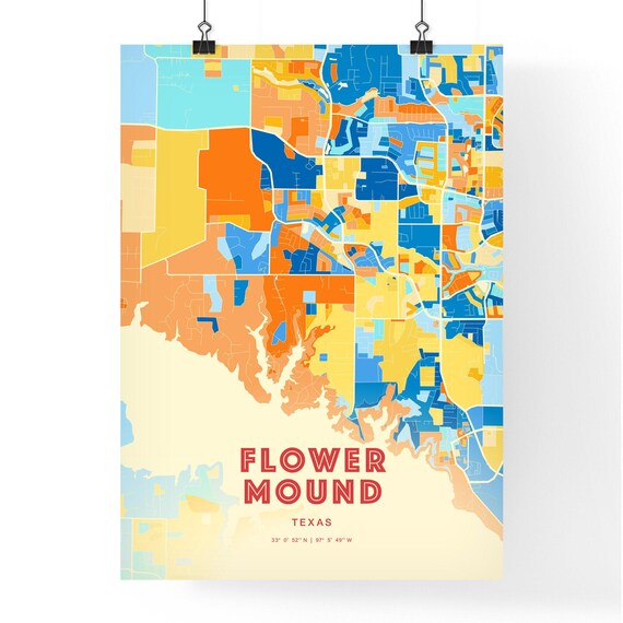 Modern Blue and Orange City Street Map Art Poster of Flower Mound Texas