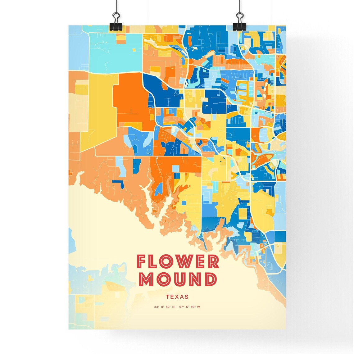 Modern Blue and Orange City Street Map Art Poster of Flower Mound Texas