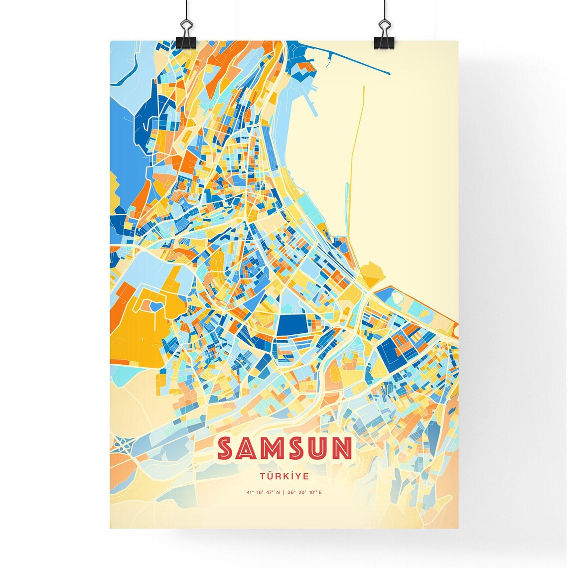 Samsun Turkey Colorful City Map Poster Blue Orange Black Sea Wall Decor - Image 3