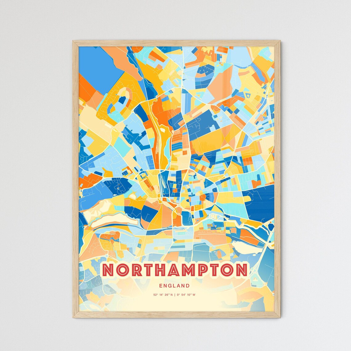 Northampton England Colorful Blue Orange City Street Map Art Poster