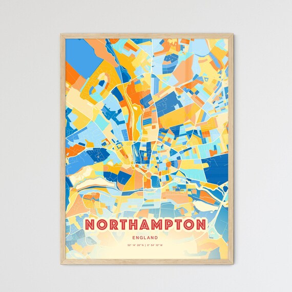 Northampton England Colorful Blue Orange City Street Map Art Poster