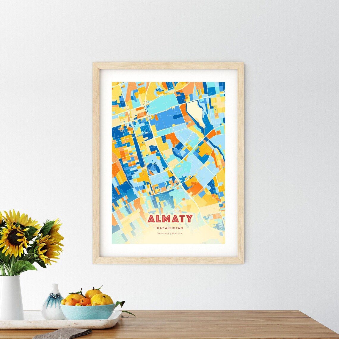Almaty Kazakhstan Colorful Blue Orange Fine Art City Map Poster - Image 2