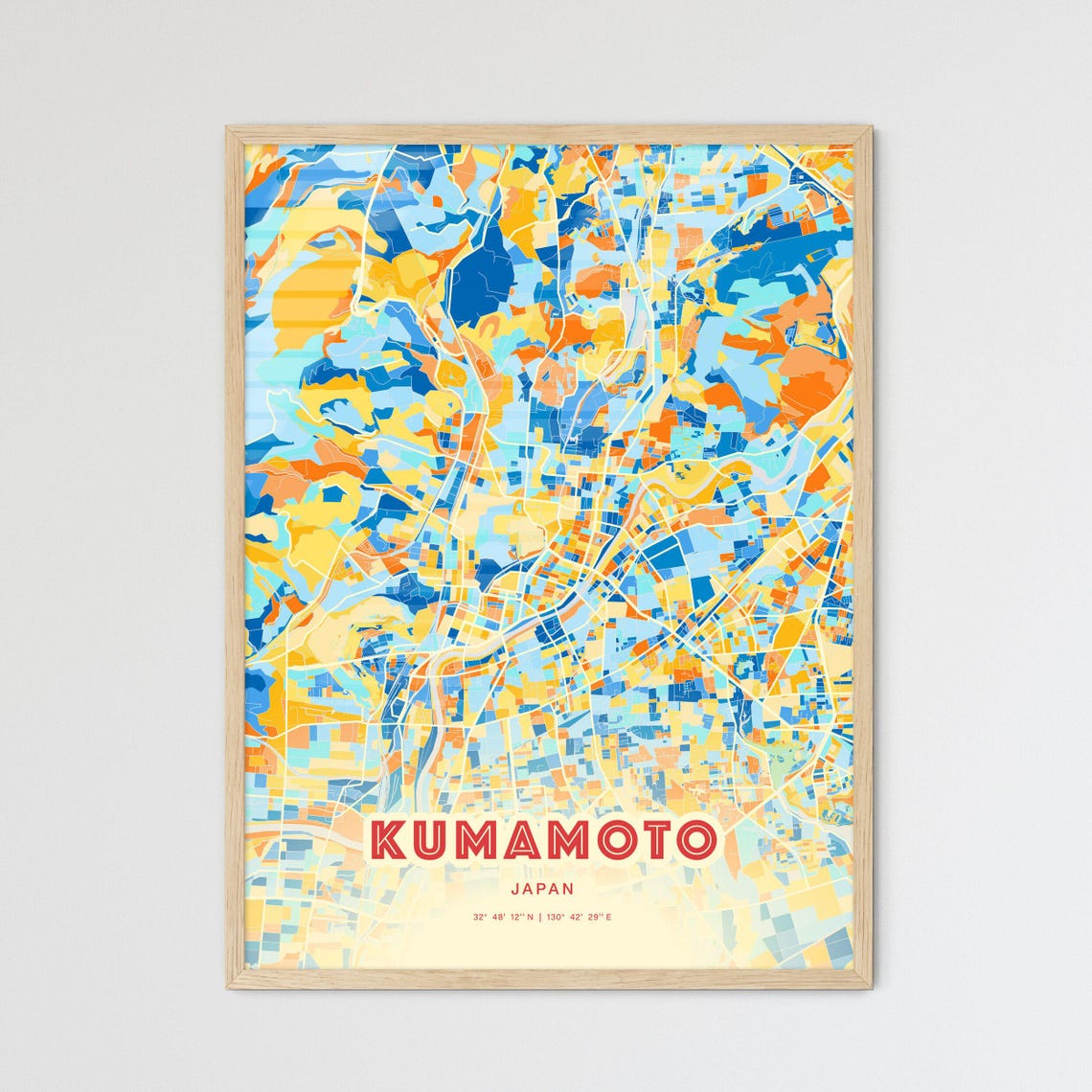 Kumamoto Japan Colorful City Map Poster Blue Orange Modern Wall Decor