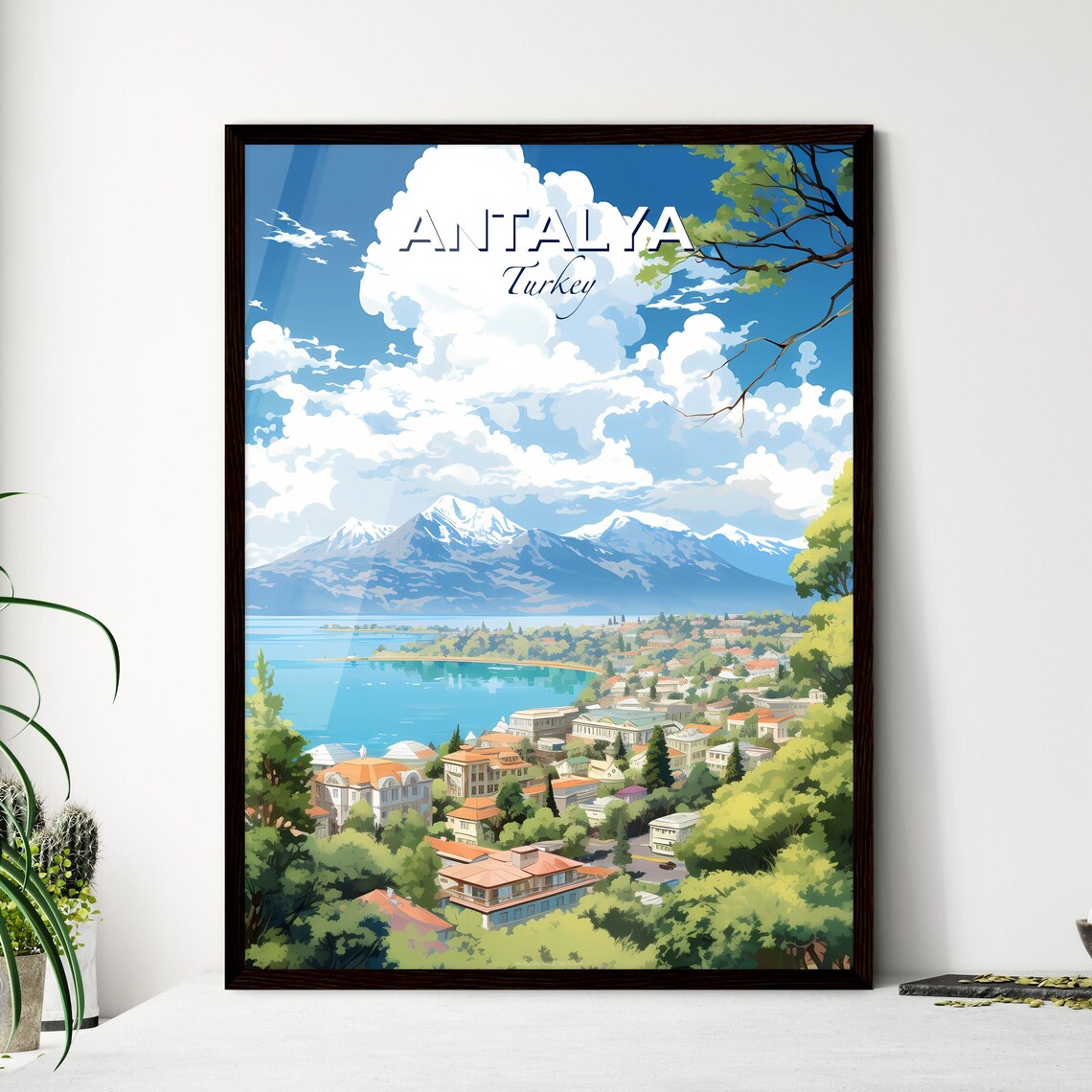 Antalya Turkey Turquoise Bay Snow Capped Mountain Coast Travel Poster