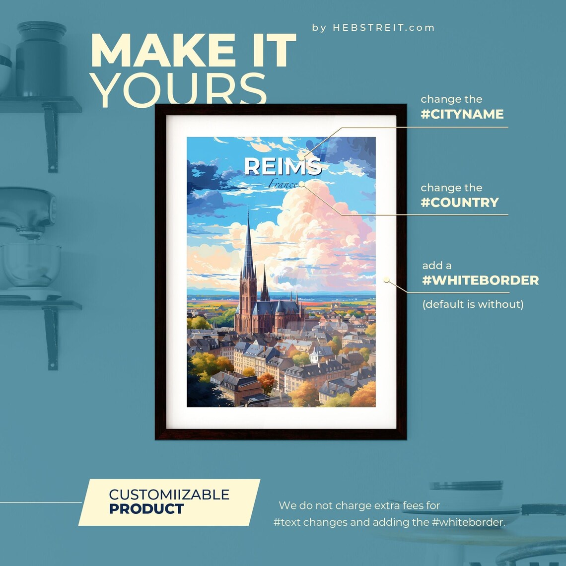 Reims France Gothic Cathedral above the Autumn Rooftops Poster - Image 2