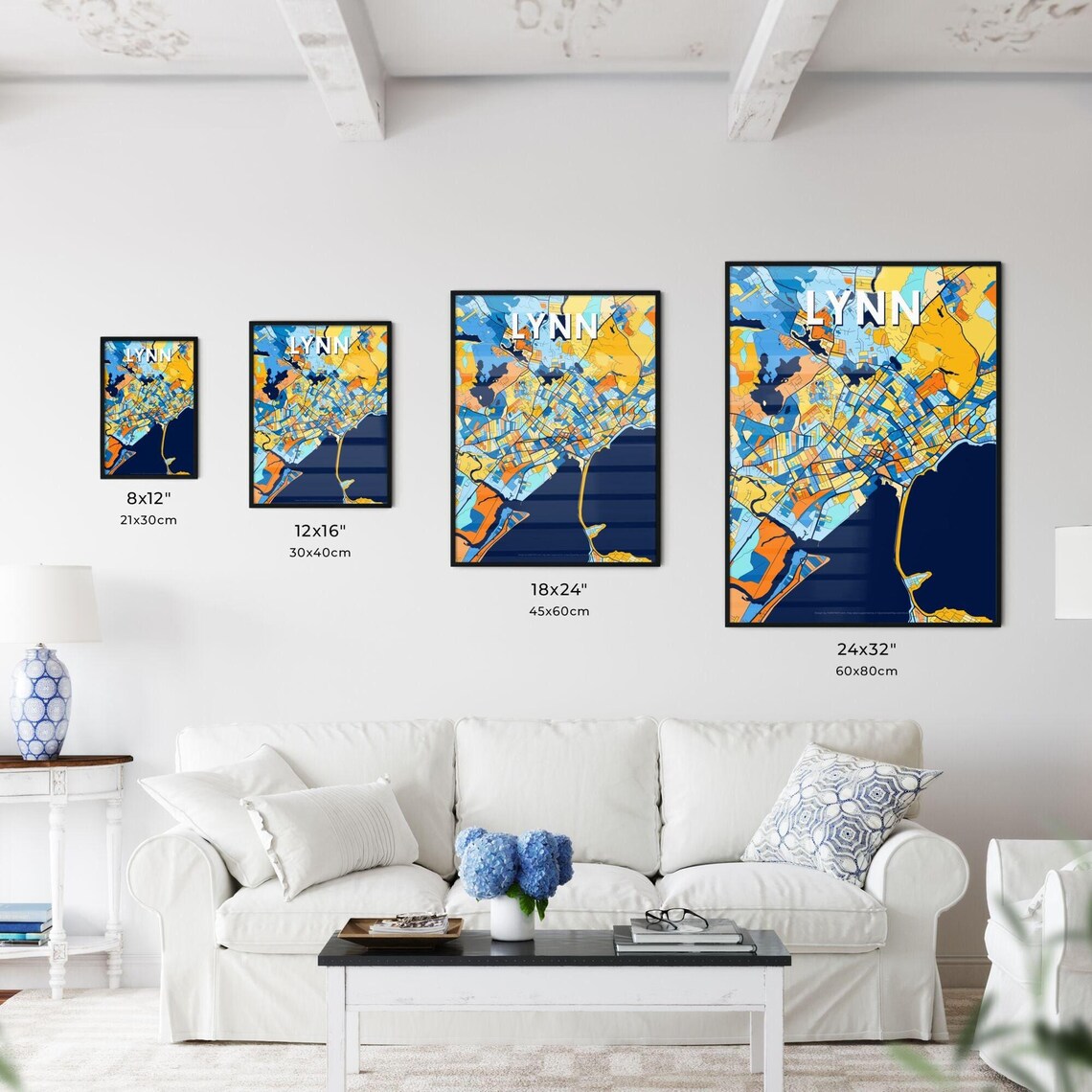Lynn Massachusetts Geometric Blue and Orange City Map Poster - Image 3