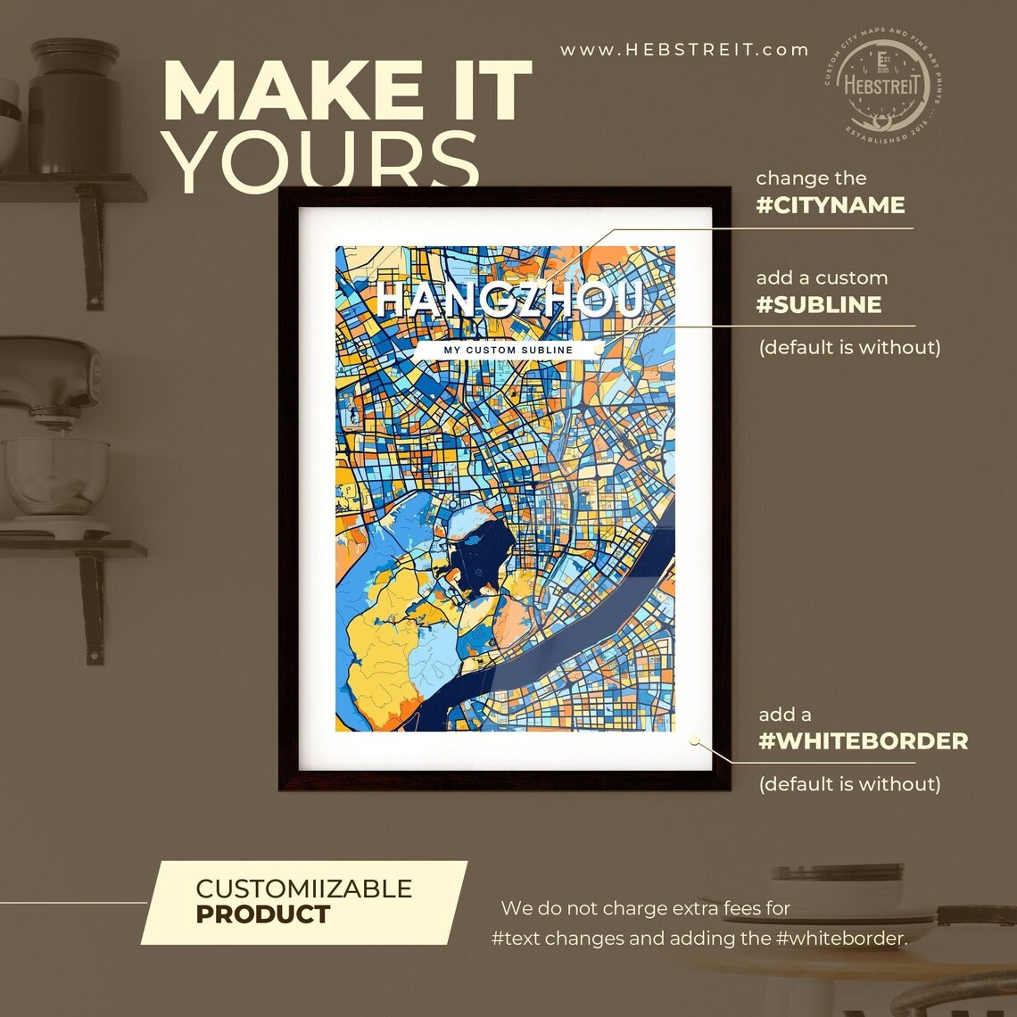 Hangzhou China Bold Colorful Vibrant City Street Map Art Poster - Image 2