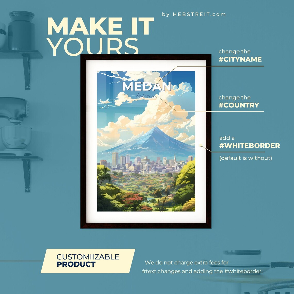 Medan Indonesia Travel Poster Volcano Mountain City Skyline Jungle Illustration - Image 2