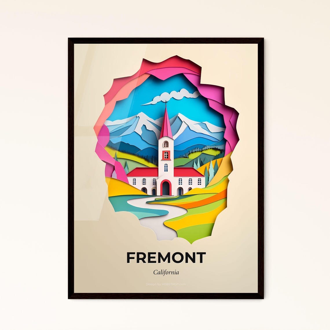 Fremont California Church And Mountain Peak Paper Cut Art Poster