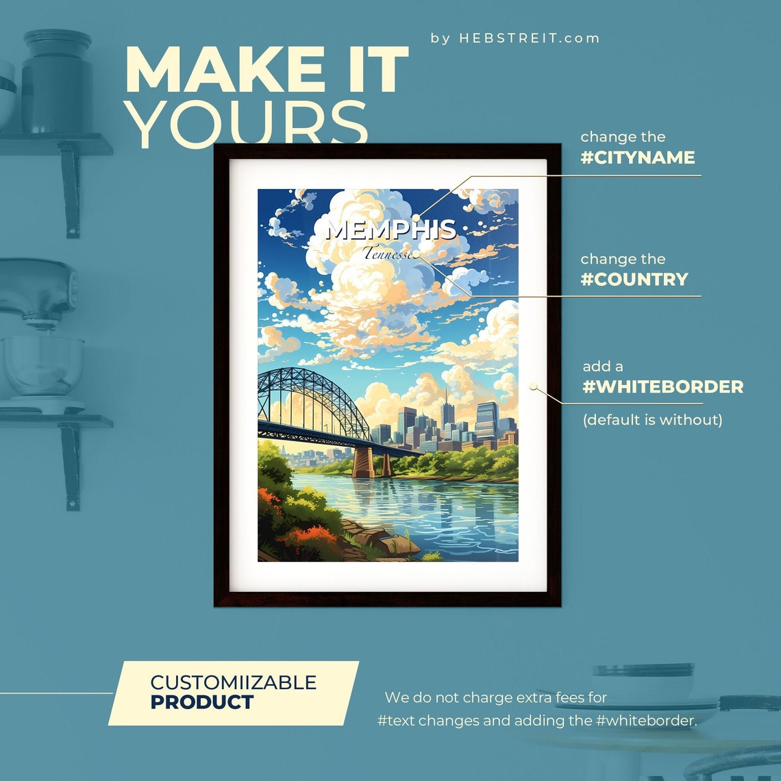 Memphis Tennessee Iconic Bridge Over River Skyline Travel Poster - Image 2