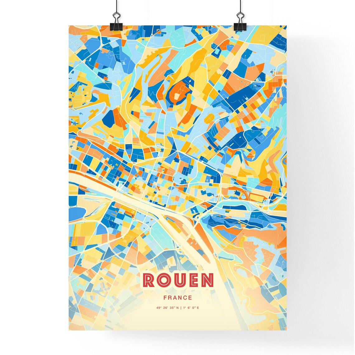 Rouen France Colorful Blue Orange Map Art Poster Wall Decor Gift - Image 3