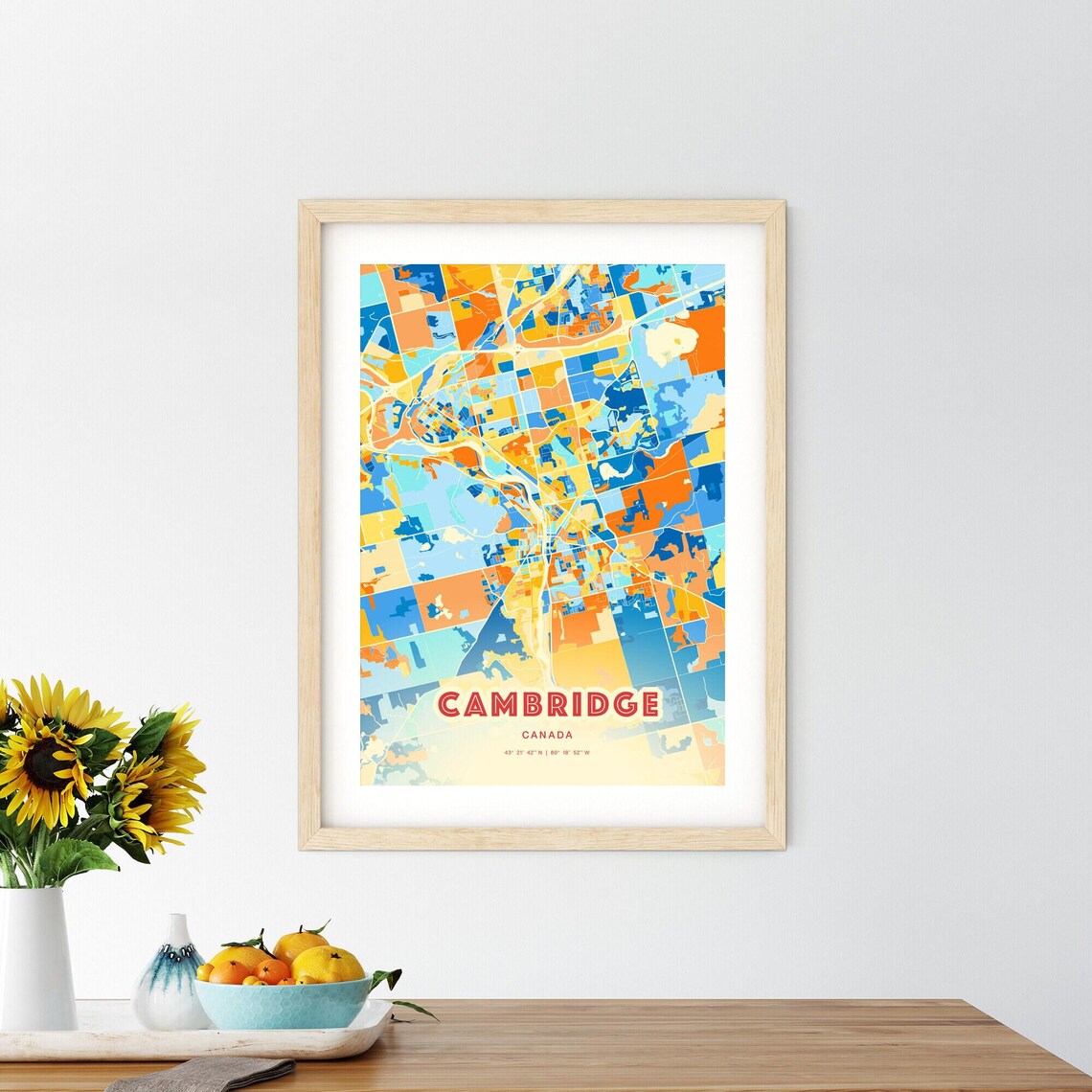 Cambridge Canada Colorful Blue Orange Modern City Street Map Poster - Image 2
