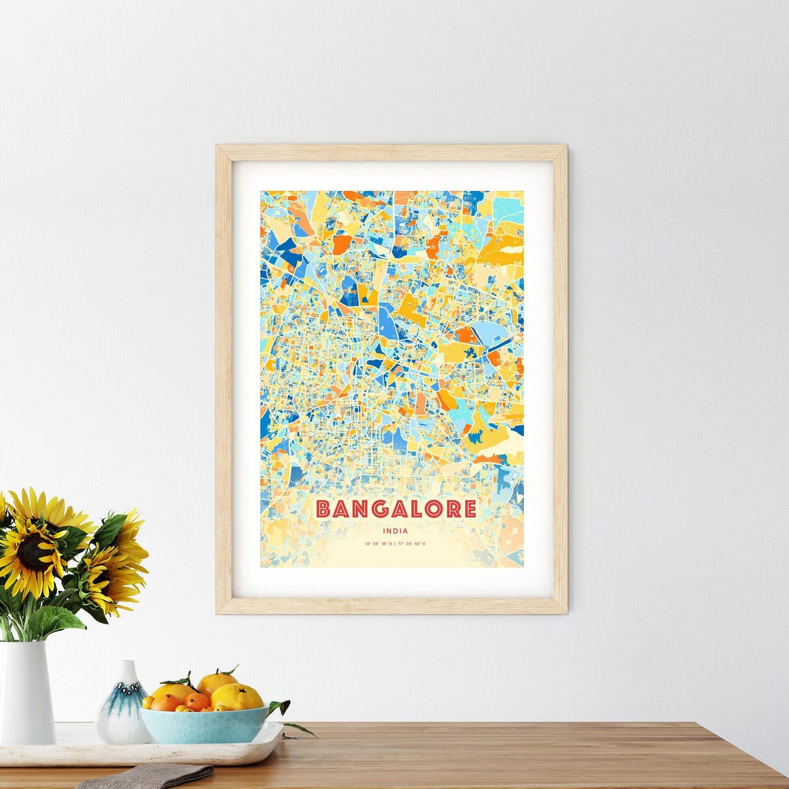Bangalore India Bold Vibrant Blue Orange Mosaic City Map Poster - Image 2