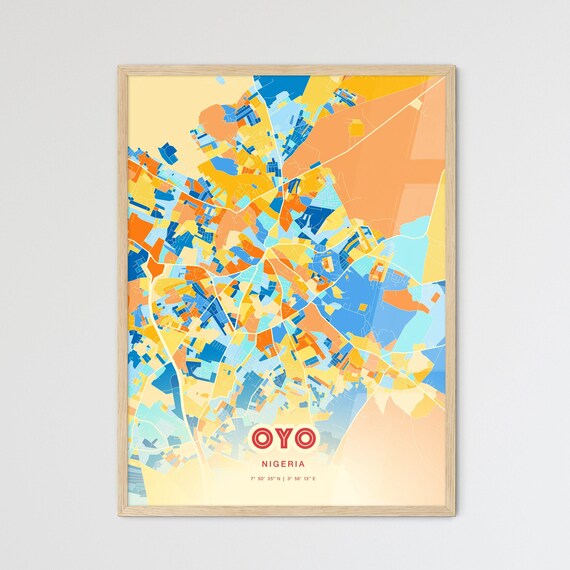 Oyo Nigeria Colorful City Map Poster Blue Orange Bold African Wall Decor