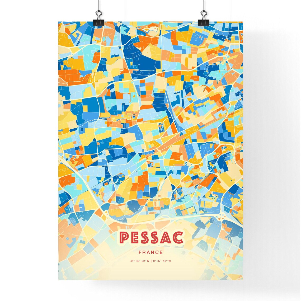 Pessac France Colorful Blue and Orange Retro City Street Map Wall Art - Image 3