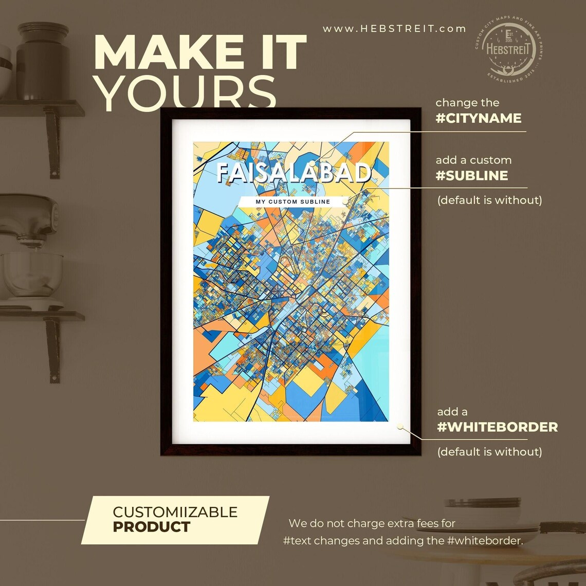 Faisalabad Pakistan Stylish Vibrant Blue and Orange Mosaic City Map Poster - Image 2